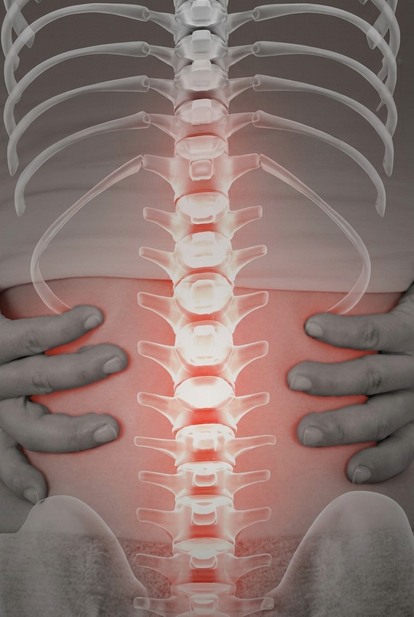 Lower spine highlighted in red overlaid on a person's lower back