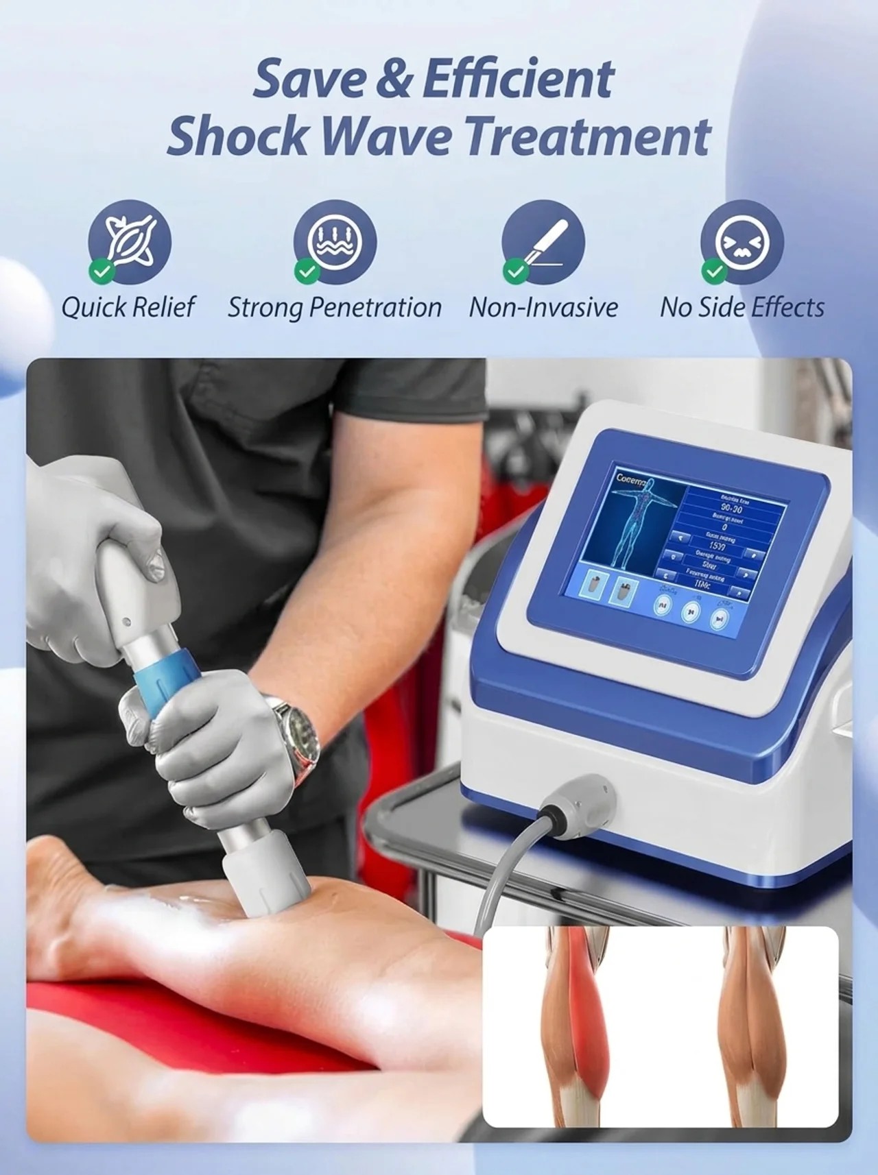 Shockwave therapy device being applied to a patient's leg