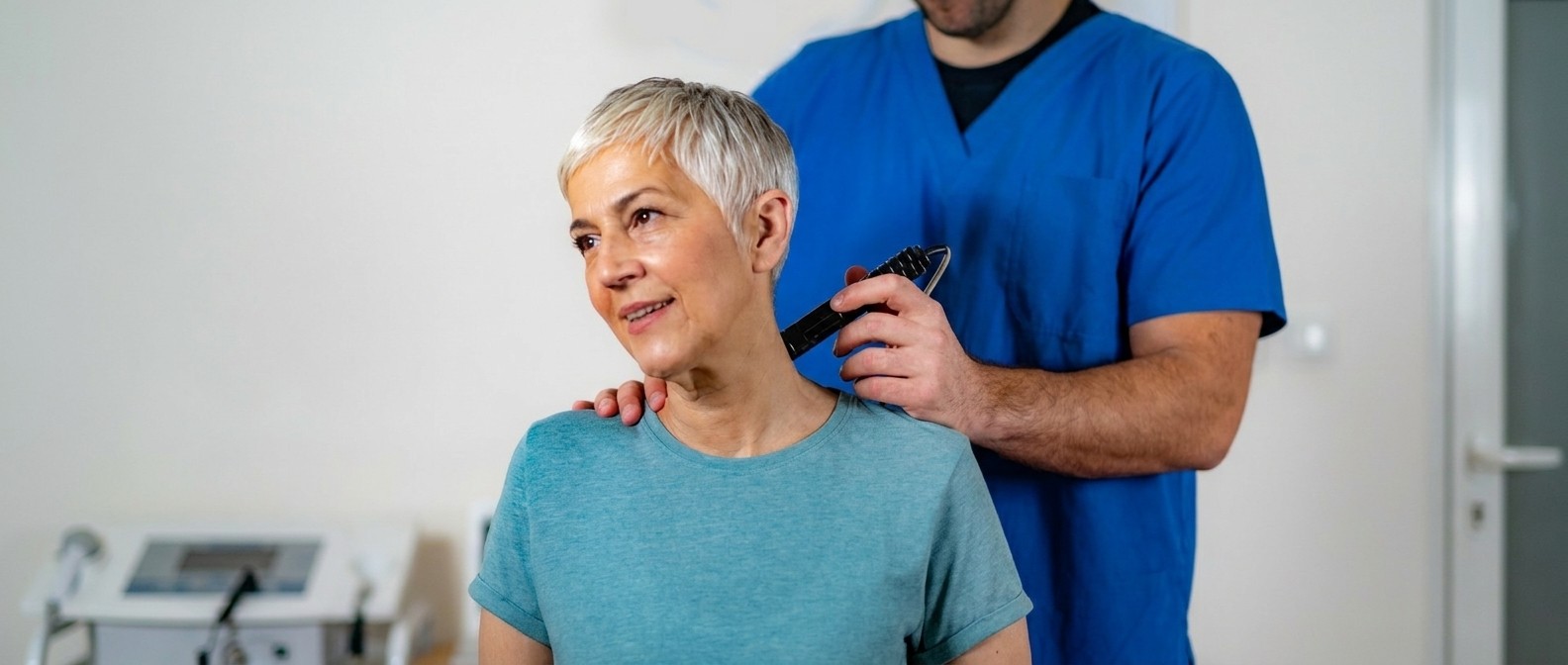 Older woman receiving PulseWave therapy on her neck from a clinician