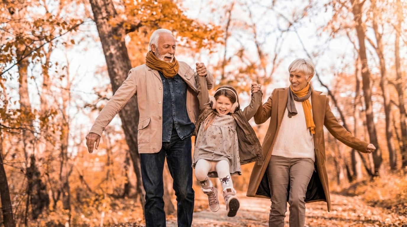 Grandparents swinging a grandchild between them on an autumn walk